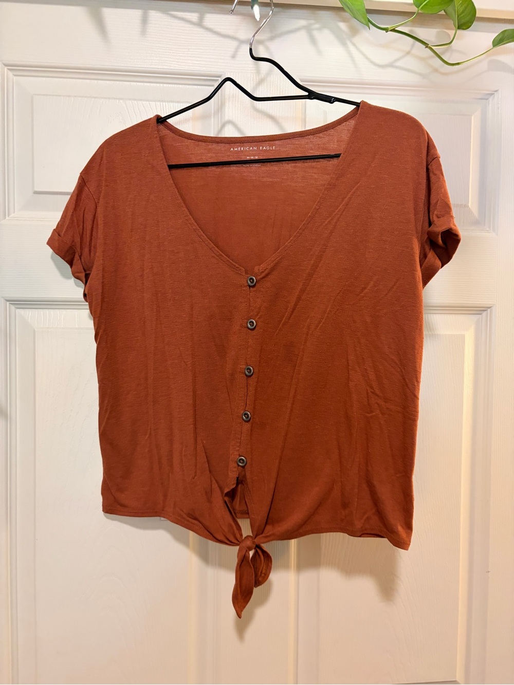 American Eagle Outfitters Rust Button-Front Tie Hem Short Sleeve Top